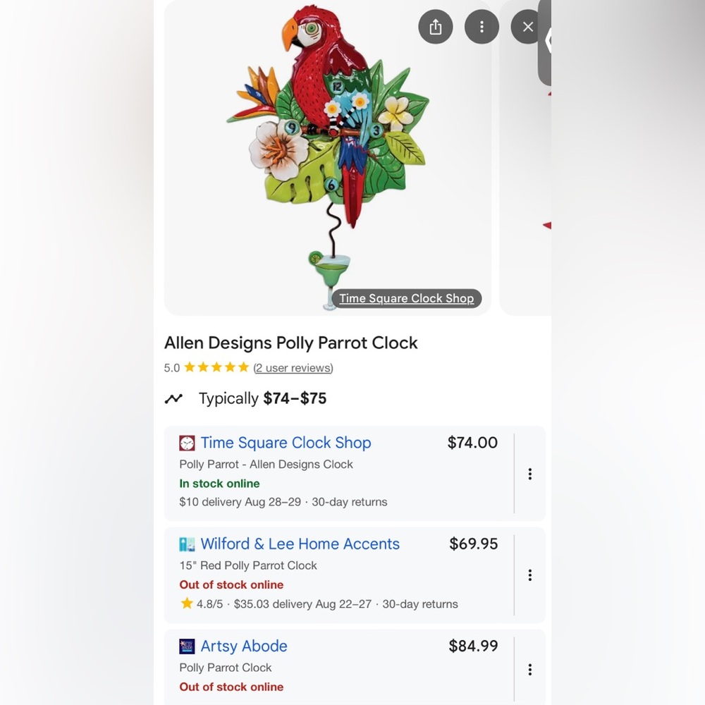 Allen Designs Polly Parrot Clock HIGH QUALITY